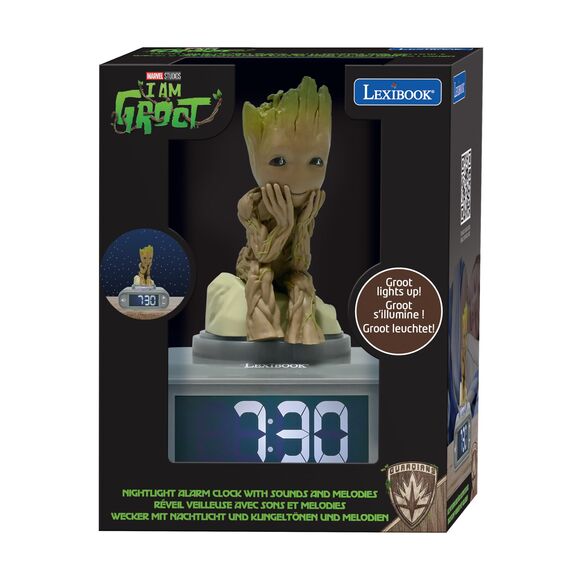 Lexibook, Marvel Guardians of the Galaxy, Groot Nachtlicht-Wecker, Töne und Melodien, hintergrundbeleuchteter LCD-Bildschirm, beleuchtet, Schlummerfunktion, grau/braun, RL800GGLXB