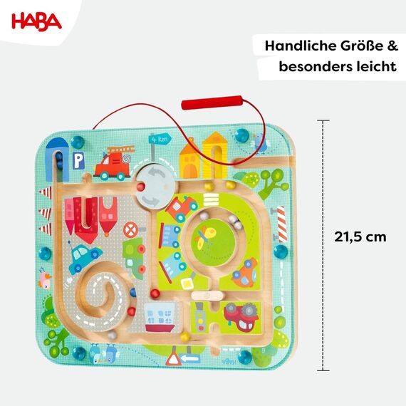 HABA Magnetspiel Stadtlabyrinth – Interaktives Lernspielzeug für Kinder ab 2 Jahren aus Holz – Fördert Konzentration, Geschicklichkeit & Feinmotorik – Erste Schritte im Straßenverkehr – 1301056001
