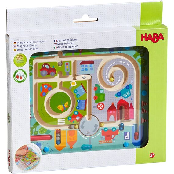 HABA Magnetspiel Stadtlabyrinth – Interaktives Lernspielzeug für Kinder ab 2 Jahren aus Holz – Fördert Konzentration, Geschicklichkeit & Feinmotorik – Erste Schritte im Straßenverkehr – 1301056001