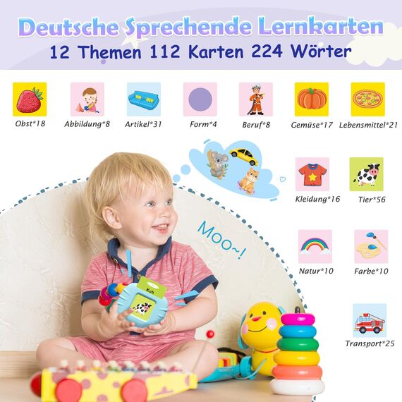 GUYUCOM Hand-Auge-Koordination, Lernspielzeug für Kinder ab 1-6 Jahr, 112 Blätter Lernkarteikarten 224 Wörter hörbar, Vorschule Geschenk Spielzeug für Mädchen Jungen (Rosa)