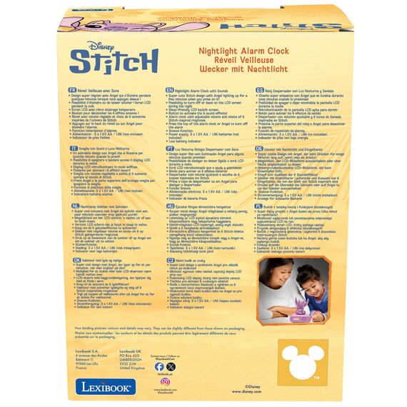 Lexibook, Disney Stitch, Angel Nachtlicht-Wecker, Töne und Melodien, hintergrundbeleuchteter LCD-Bildschirm, Leuchtend, Schlummerfunktion, rosa, RL800D1