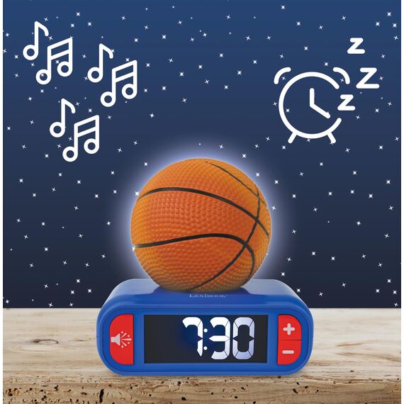 Lexibook, Basketball, Basketball-Nachtlichtwecker, Töne und Melodien, LCD-Bildschirm mit Hintergrundbeleuchtung, beleuchtet, Snooze, blau/orange, RL800BALXB