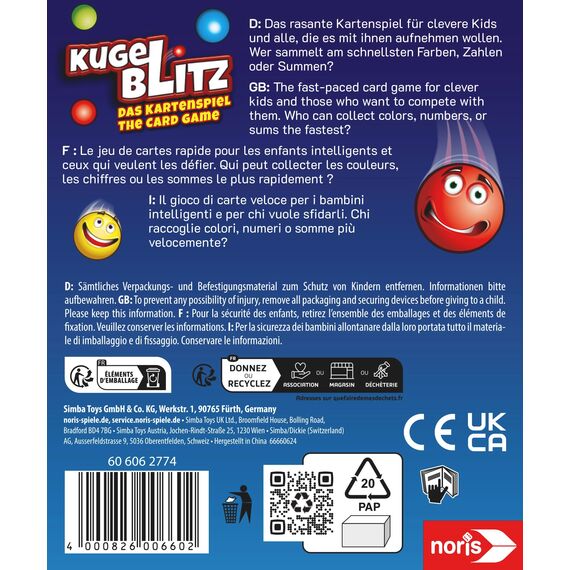 noris 606062774 - Kugelblitz - Das Kartenspiel (Spiel ab 6 Jahre) - rasanter Rätselspaß für Kinder und die ganze Familie, 2-4 Spieler, ca. 10 Min. Spieldauer pro Runde