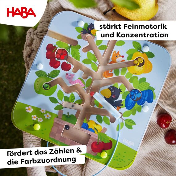 HABA Magnetspiel Obstgarten – Labyrinth mit Magnetstift und Kugeln, fördert Zählen und Farbzuordnung, Holzspielzeug ab 2 Jahren – 1306083001