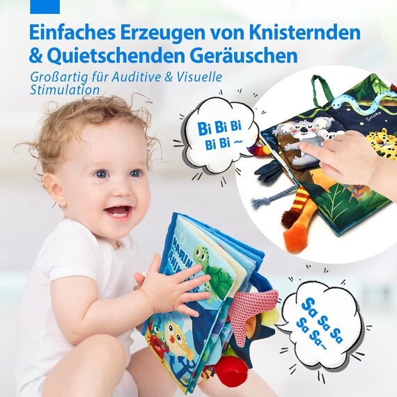 hahaland Babybuch Stoffbuch 2 Stück,Baby Spielzeug ab 0 3 6 Monate,3D Wald & Meerestier Muster Fühlbuch Knisterbuch,Quiet Book für Kinderwagen,Neugeborene Weihnachten Geschenk für Baby Jungen Mädchen