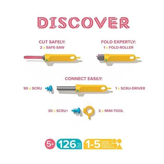 Makedo Discover | Werkzeugkasten aus recycelter Pappe im kleinen Werkzeugkasten (126 Teile) | STEM- und STEAM-Lernspielzeug für Zuhause und Schule