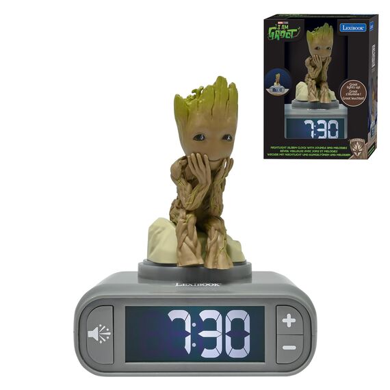 Lexibook, Marvel Guardians of the Galaxy, Groot Nachtlicht-Wecker, Töne und Melodien, hintergrundbeleuchteter LCD-Bildschirm, beleuchtet, Schlummerfunktion, grau/braun, RL800GG