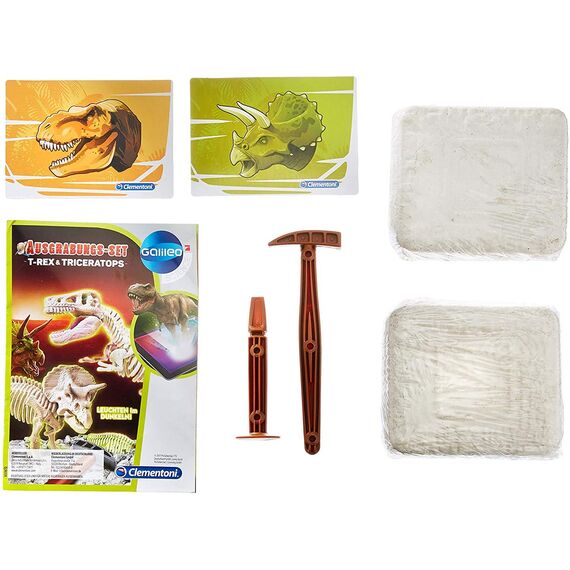 Clementoni 69408 Galileo Discovery Ausgrabungs Set T Rex und Triceratops, Spielzeug für Kinder ab 7 Jahren, Ausgraben von Dinosaurier Fossilien mit Ha mmer und Meißel, 7 x 35 x 26 cm