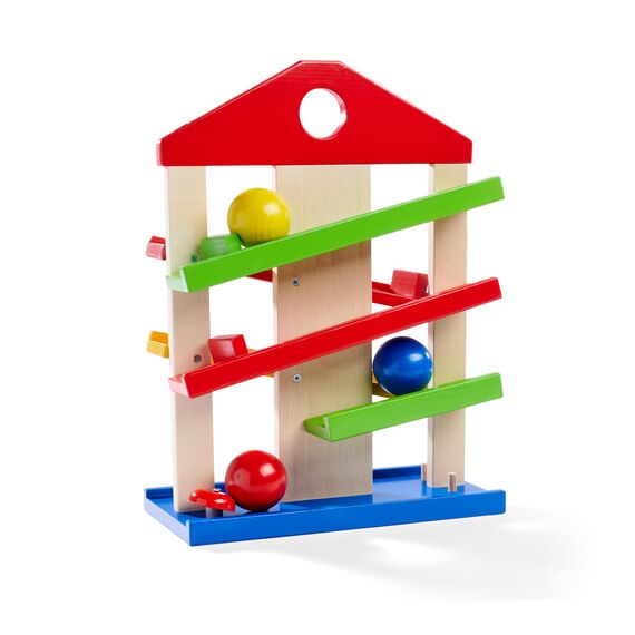 Eichhorn 100002025 Kugelbahn-Haus, 4-teilig, bunte Rollbahn aus Holz mit Glocke und drei Kugeln Lindenholz, Motorikspielzeug für Kinder ab 1 Jahr, Größe: 25 x 34 cm