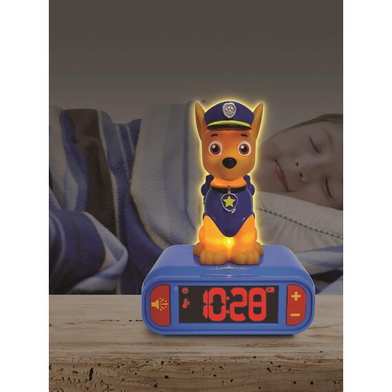 Lexibook - Paw Patrol Wecker mit Nachtlicht und Klingeltönen, Chase-Digitalwecker mit Nachtlicht und Snooze, Uhr, leuchtendes Chase Marshall Hund, Blau/Rot - RL800PALXB