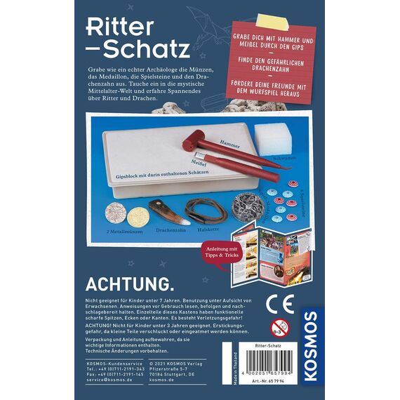 KOSMOS 657994 Ritter-Schatz, Grabe Funkelnde Münzen und Spielsteine aus, für Mittelalter-Fans und kleine Archäologen, Experimentierset mit Hammer und Meißel, Für Kinder ab 7-10 Jahre