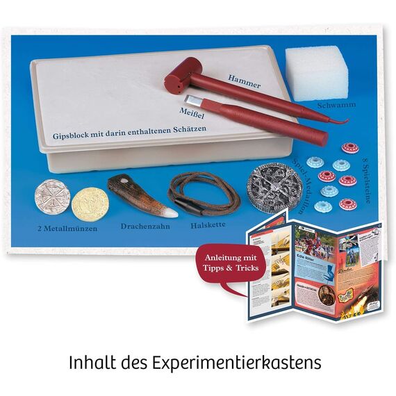 KOSMOS 657994 Ritter-Schatz, Grabe Funkelnde Münzen und Spielsteine aus, für Mittelalter-Fans und kleine Archäologen, Experimentierset mit Hammer und Meißel, Für Kinder ab 7-10 Jahre