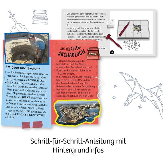 KOSMOS 657994 Ritter-Schatz, Grabe Funkelnde Münzen und Spielsteine aus, für Mittelalter-Fans und kleine Archäologen, Experimentierset mit Hammer und Meißel, Für Kinder ab 7-10 Jahre