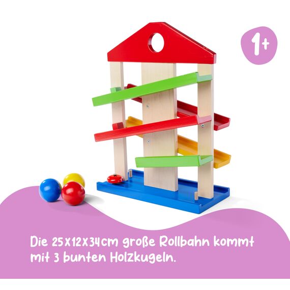 Eichhorn 100002025 Kugelbahn-Haus, 4-teilig, bunte Rollbahn aus Holz mit Glocke und drei Kugeln Lindenholz, Motorikspielzeug für Kinder ab 1 Jahr, Größe: 25 x 34 cm