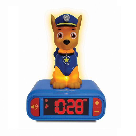 Lexibook - Paw Patrol Wecker mit Nachtlicht und Klingeltönen, Chase-Digitalwecker mit Nachtlicht und Snooze, Uhr, leuchtendes Chase Marshall Hund, Blau/Rot - RL800PALXB