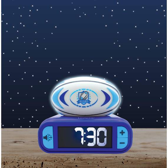Lexibook, Rugby, Wecker mit Nachtlicht, Sounds und Melodien, hintergrundbeleuchtetes LCD-Display, Leuchtend, Schlummerfunktion, Blau, RL800RG