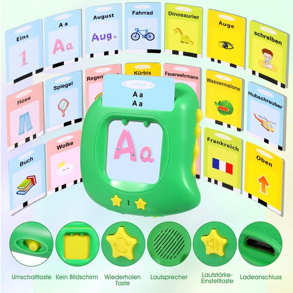 Sprechende Lernkarten Deutsch Lernspielzeug 384 Wörtern Sprechen Lernen Flash Karten Deutsch Lernspiele Sprachspiele Spielzeug ab 2 3 4 5 Jahre, Lernen Alphabet Zahlen Farben Tier Talking Flash Cards