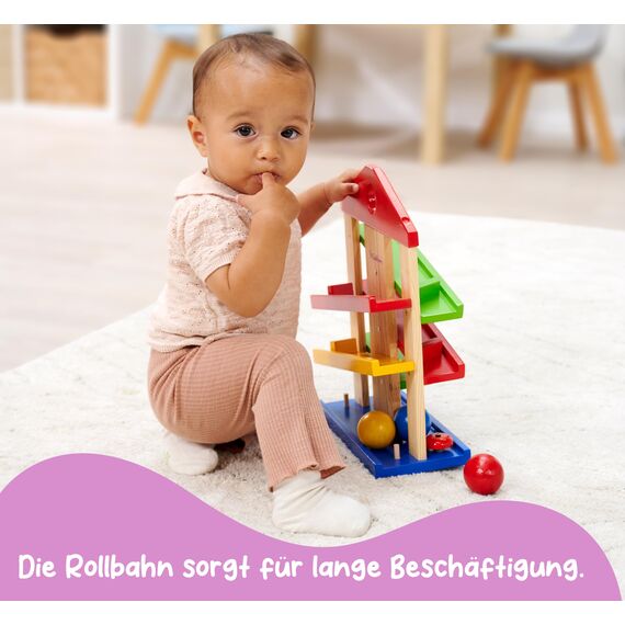 Eichhorn 100002025 Kugelbahn-Haus, 4-teilig, bunte Rollbahn aus Holz mit Glocke und drei Kugeln Lindenholz, Motorikspielzeug für Kinder ab 1 Jahr, Größe: 25 x 34 cm