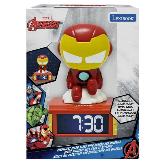 Lexibook, Marvel Iron Man Nachtlichtwecker, Sounds und Melodien, hintergrundbeleuchteter LCD-Bildschirm, Leuchtend, Snooze, Rot, klein