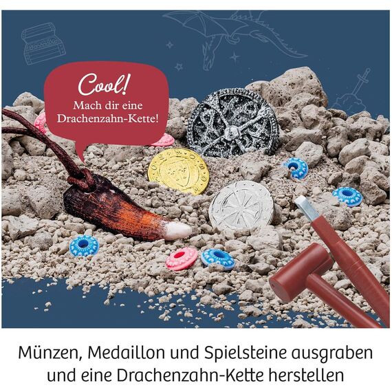 KOSMOS 657994 Ritter-Schatz, Grabe Funkelnde Münzen und Spielsteine aus, für Mittelalter-Fans und kleine Archäologen, Experimentierset mit Hammer und Meißel, Für Kinder ab 7-10 Jahre