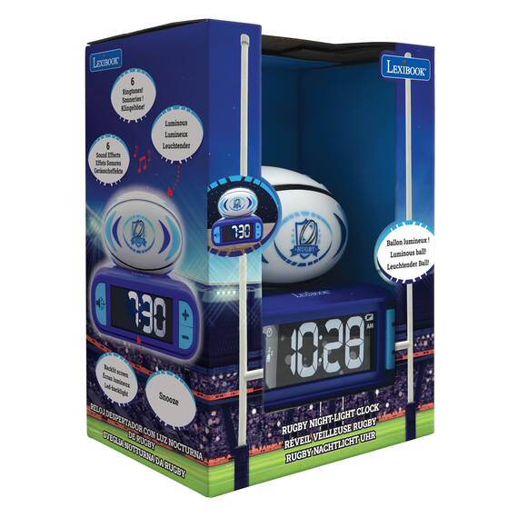 Lexibook, Rugby, Wecker mit Nachtlicht, Sounds und Melodien, hintergrundbeleuchtetes LCD-Display, Leuchtend, Schlummerfunktion, Blau, RL800RG