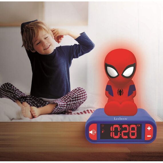 Lexibook - Wecker mit Nachtlicht und Spiderman Klingeltönen Spider-Man-Digitalwecker für Kinder mit Nachtlicht und Snooze, Kinderuhr, leuchtendes Blau Farbe - RL800SPLXB
