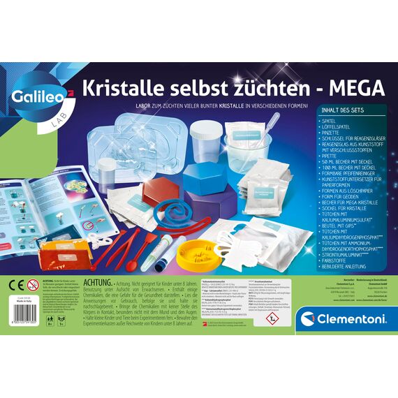 Clementoni Galileo Lab – Kristalle selbst züchten Mega, Experimentierkasten für Kinder ab 8 Jahren, farbenfrohe Experimente fürs Kinderzimmer, Clementoni 59130