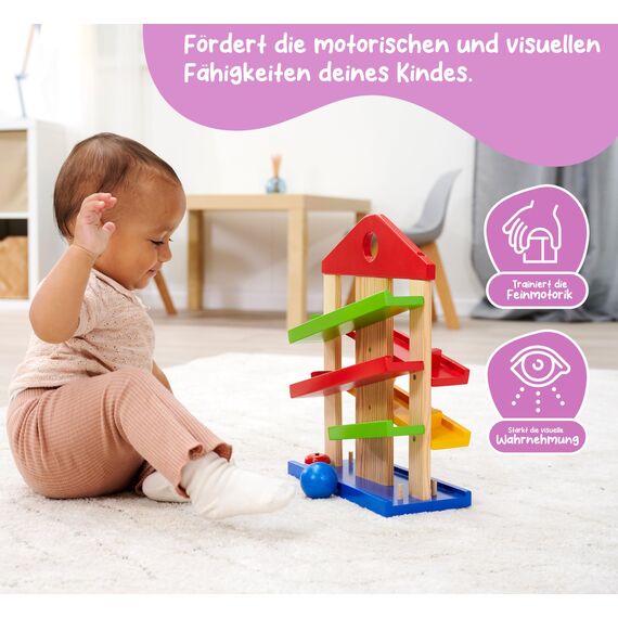 Eichhorn 100002025 Kugelbahn-Haus, 4-teilig, bunte Rollbahn aus Holz mit Glocke und drei Kugeln Lindenholz, Motorikspielzeug für Kinder ab 1 Jahr, Größe: 25 x 34 cm