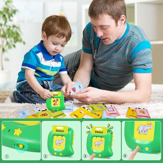 Sprechende Lernkarten Deutsch Lernspielzeug 384 Wörtern Sprechen Lernen Flash Karten Deutsch Lernspiele Sprachspiele Spielzeug ab 2 3 4 5 Jahre, Lernen Alphabet Zahlen Farben Tier Talking Flash Cards