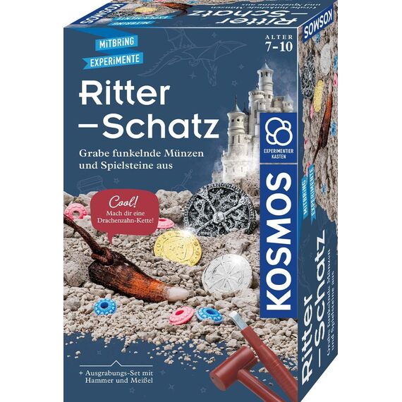 KOSMOS 657994 Ritter-Schatz, Grabe Funkelnde Münzen und Spielsteine aus, für Mittelalter-Fans und kleine Archäologen, Experimentierset mit Hammer und Meißel, Für Kinder ab 7-10 Jahre