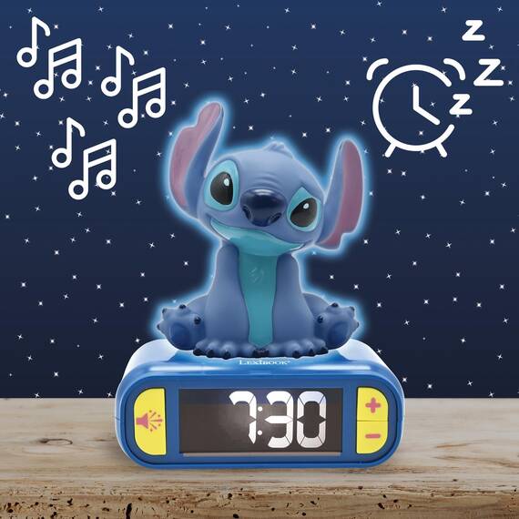 Lexibook, Disney Stitch, Stitch Nachtlicht Wecker, Klänge und Melodien, LCD-Bildschirm mit Hintergrundbeleuchtung, beleuchtet, Schlummerfunktion, Blau, RL800DLXB