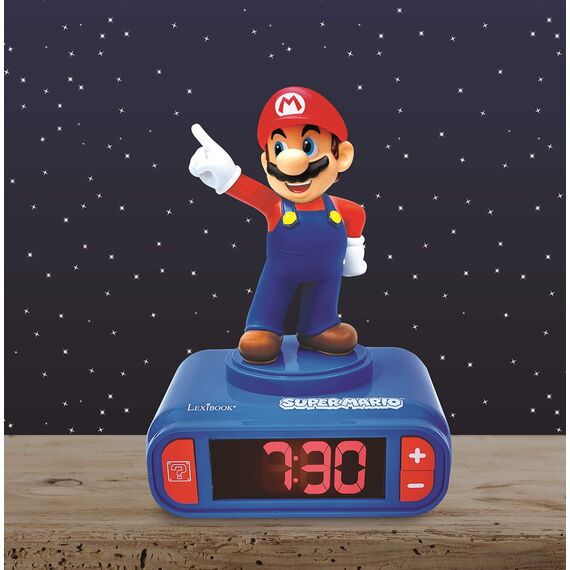Lexibook, Super Mario, Mario Nightlight Wecker, Sounds und Melodien, hintergrundbeleuchtetes LCD-Display, beleuchtet, Snooze, Blau, RL800NI