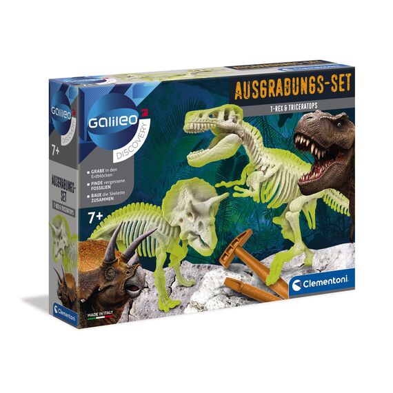 Clementoni 69408 Galileo Discovery Ausgrabungs Set T Rex und Triceratops, Spielzeug für Kinder ab 7 Jahren, Ausgraben von Dinosaurier Fossilien mit Ha mmer und Meißel, 7 x 35 x 26 cm
