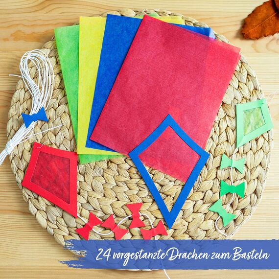 Papierdrachen Fensterbilder - 24 vorgestanzte Drachen zum Basteln für Kinder - Herbstbasteln mit Tonkarton und Transparentpapier - Set 2