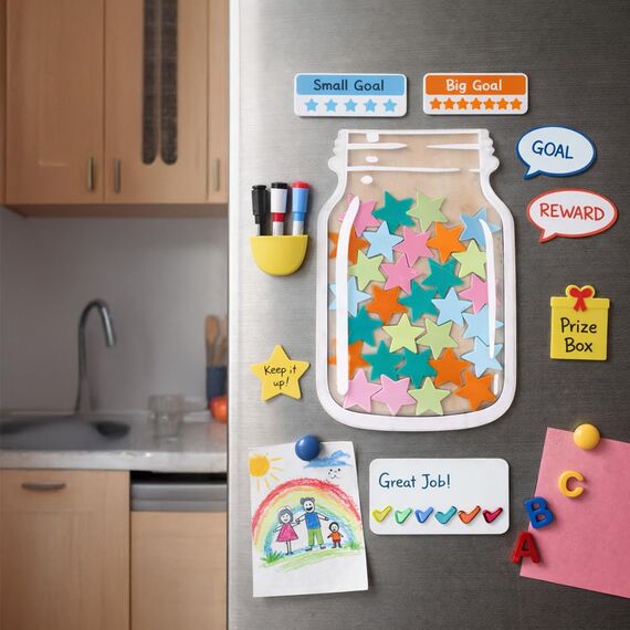 ONECK Belohnungsglas für Kinder, Reward Jar Belohnungssystem mit 30 Sternen, Standfuß & 2 Magnetleisten, Sterne Anreizglas aus Holz Motivationsglas für gutes Benehmen, Zuhause & Klassenzimmer