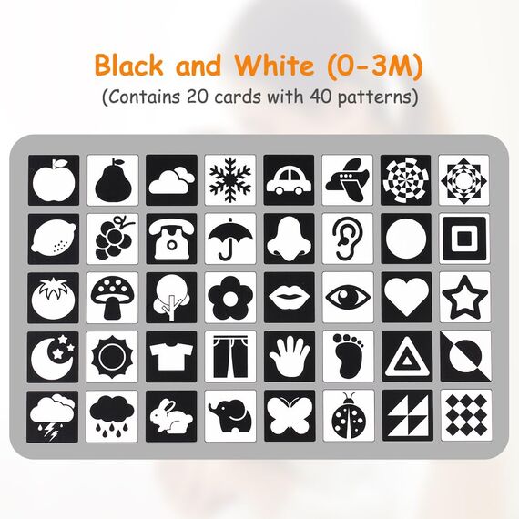 Aolso Sensory Toys Karten, 20pcs Schwarz Weiß Kontrastbuch Baby, Lernkarten Kleinkinder für Visuelle Stimulation und Entwicklung des Gehirns für 0-6 Monate