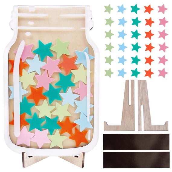 ONECK Belohnungsglas für Kinder, Reward Jar Belohnungssystem mit 30 Sternen, Standfuß & 2 Magnetleisten, Sterne Anreizglas aus Holz Motivationsglas für gutes Benehmen, Zuhause & Klassenzimmer
