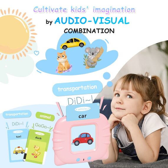 GUYUCOM Talking Flash Cards for 2,3,4 Years Old Kids, Speech Therapy Toys for Children, Autism Sensory Toddler Gifts with 112 Talking Flash Cards (Pink)