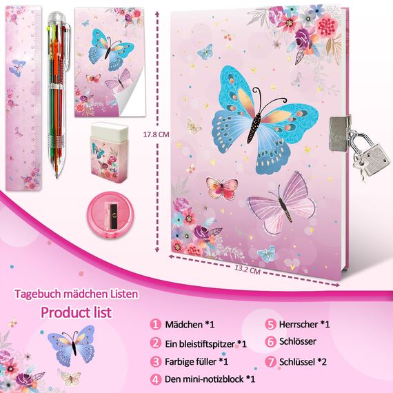 Set Tagebuch Mädchen, Kinder Schreibwaren-Geschenkset Enthält Schmetterlings Tagebuch mit Schloss Notizblock Radiergummi Spitzer Lineal & 6-Farben-Stift für Teenager Notizbuch Geschenke 6-12 Jahren
