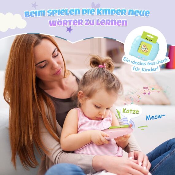 GUYUCOM Kinderspielzeug ab 2 Jahre, Sprechende Lernkarten Deutsch,194 Blätter Lernkarten 388 Wörter für Deutsch Lernen, Spielzeug für Mädchen und Jungen 2 3 4 5 6 Jahre (Blau)