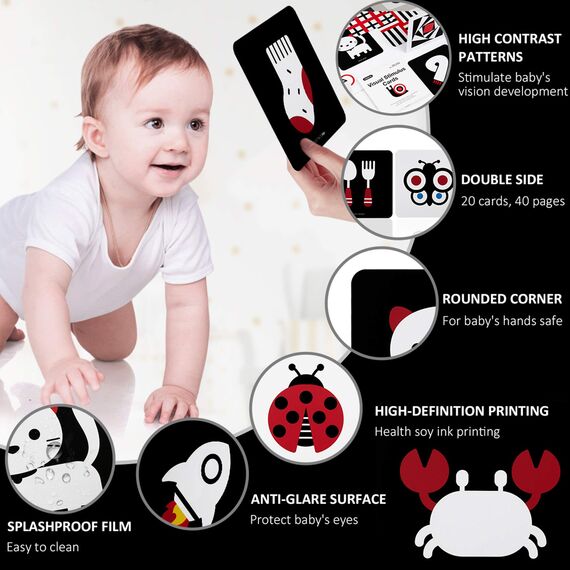 beiens Hohe Kontrast Baby Lernkarten,Schwarzes Weißes Spielzeug für die Entwicklung des Gehirns für Neugeborene,Visuelle Stimulation Lernaktivitätskarten für 0-3 Monate, 20 Stück 40 Seiten 14 * 14 cm