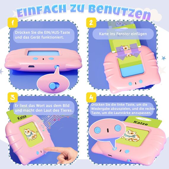 GUYUCOM Kinderspielzeug ab 2 Jahre, Sprechende Lernkarten Deutsch,194 Blätter Lernkarten 388 Wörter für Deutsch Lernen, Spielzeug für Mädchen und Jungen 2 3 4 5 6 Jahre(Rosa)