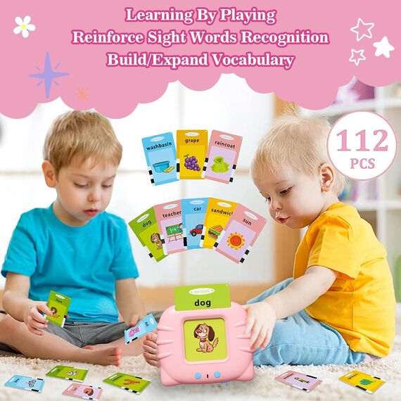 GUYUCOM Talking Flash Cards for 2,3,4 Years Old Kids, Speech Therapy Toys for Children, Autism Sensory Toddler Gifts with 112 Talking Flash Cards (Pink)