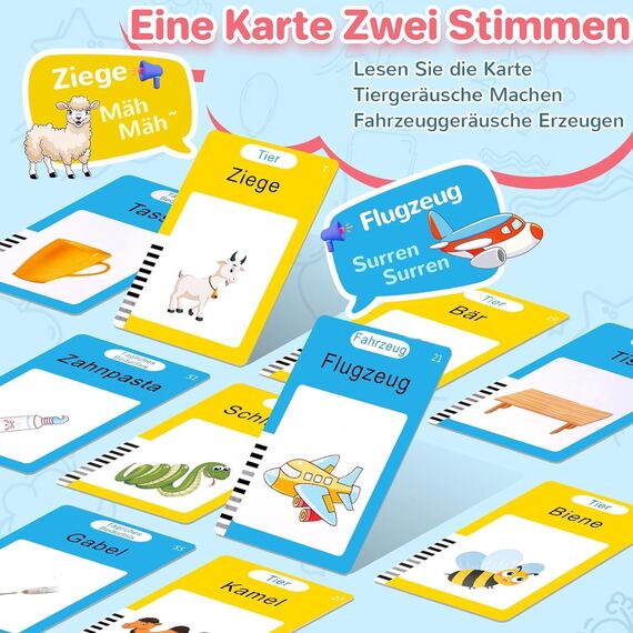 AHJ 510 Wörter Sprechende Lernkarten Deutsch, 255 Blätter, Flash Karten Deutsch, Interaktives Sprachspiele Deutsch Interaktives Lernkarten für Kinder ab 2-6 Jahr
