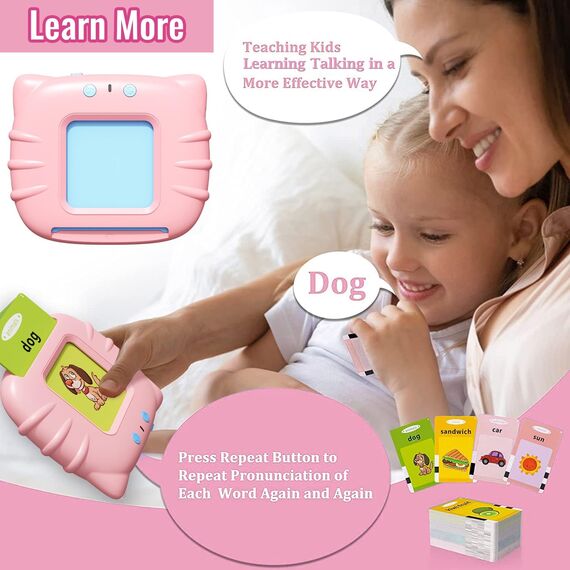 GUYUCOM Talking Flash Cards for 2,3,4 Years Old Kids, Speech Therapy Toys for Children, Autism Sensory Toddler Gifts with 112 Talking Flash Cards (Pink)