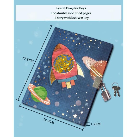 Tagebuch Jungs mit Schloss für Geschenke, Raumschiff Tagebuch Kinder mit Schüttelbaren Pailletten 17.8x13cm 160 Liniertes Seiten Notizbuch zum Schreiben ab 6,7,8,9,10,11,12 Jahren Tagebuch Schloss