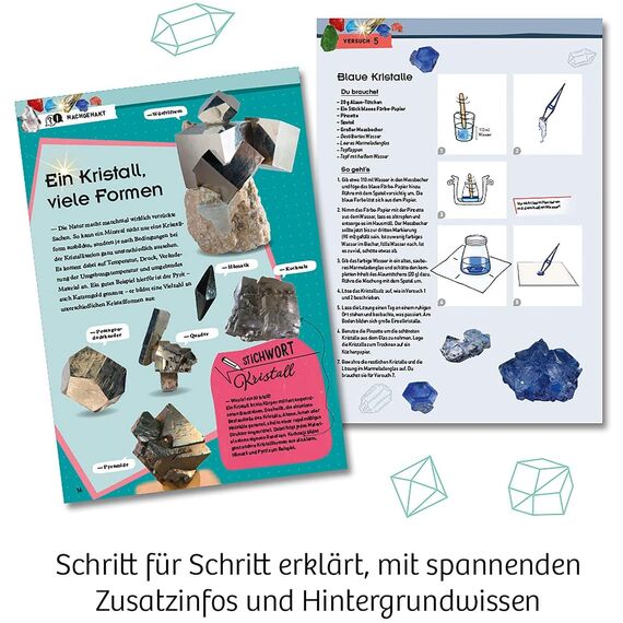 KOSMOS 643621 Kristalle züchten - Lass faszinierende Kristalle wachsen - Komplett-Set, nachtleuchtende, glitzernde Blitzkristalle, Druse, Schatztruhe, Deko, Experimentierkasten - Kinder ab 10-14 Jahre