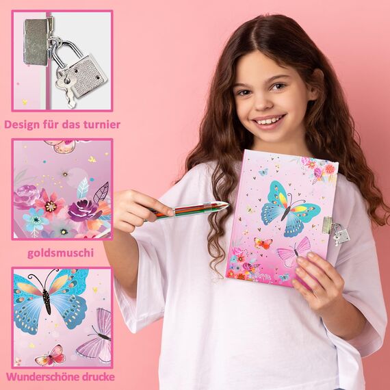 Set Tagebuch Mädchen, Kinder Schreibwaren-Geschenkset Enthält Schmetterlings Tagebuch mit Schloss Notizblock Radiergummi Spitzer Lineal & 6-Farben-Stift für Teenager Notizbuch Geschenke 6-12 Jahren