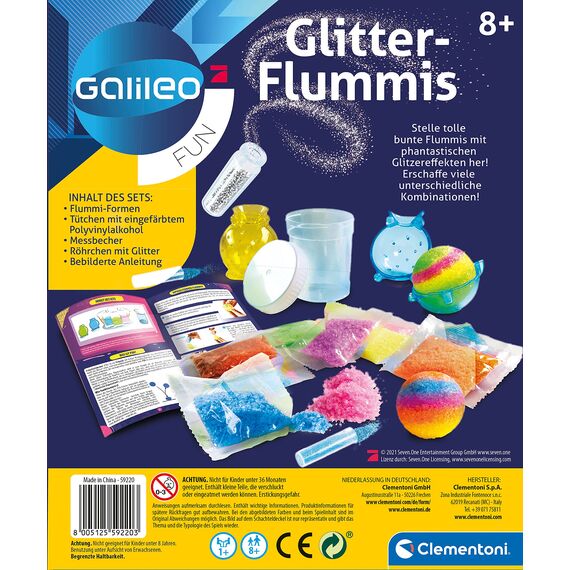 Clementoni Galileo Fun – Glitter Flummis, bunte & glitzernde Gummibälle zum Selbermachen, Experimentierkasten für zu Hause, Spielzeug für Kinder ab 8 Jahren 59032