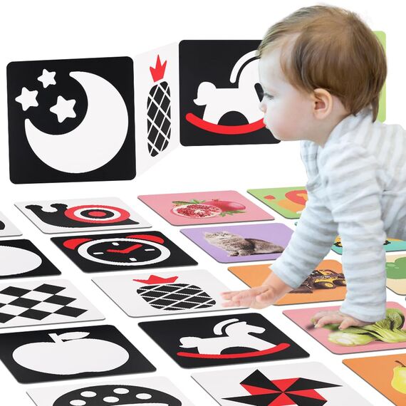 Aolso Sensory Toys Karten, 80pcs Schwarz Weiß Kontrastbuch Baby, Lernkarten Kleinkinder für Visuelle Stimulation und Entwicklung des Gehirns für Pädagogisches Baby Geschenk